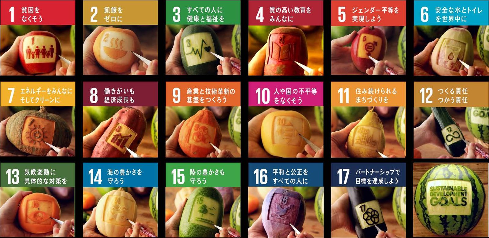 SDGsの17の目標を、野菜とフルーツに彫ったシリーズ
